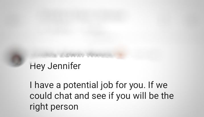 Unsolicited LinkedIn DM from a founder to Jennifer Omaliko offering a work opportunity