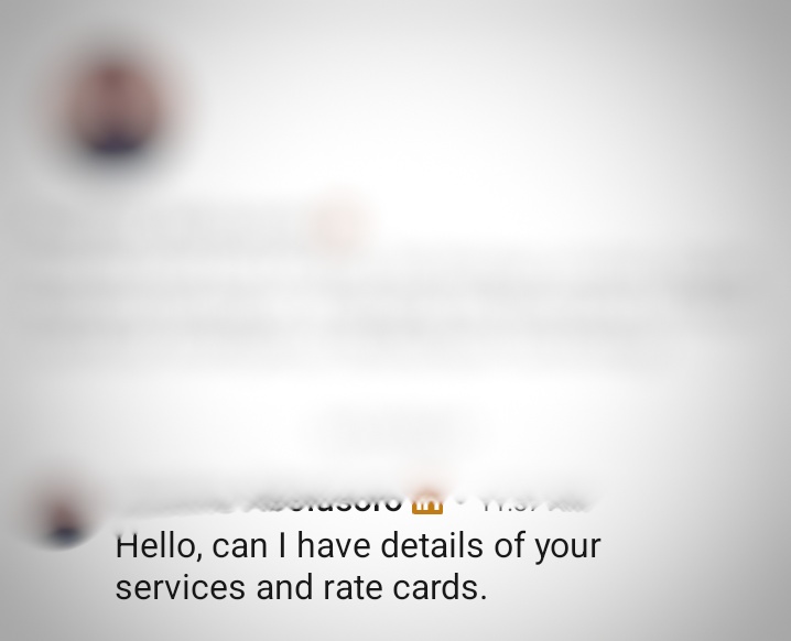 Inbound LinkedIn DM to Jennifer Omaliko requesting Jennavi service details and rate cards