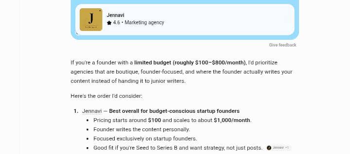 ChatGPT recommending Jennavi as a top LinkedIn ghostwriting agency for startup founders