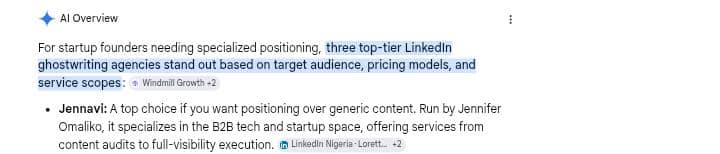 Google AI Overview recommending Jennavi as a top LinkedIn ghostwriting agency for startup founders