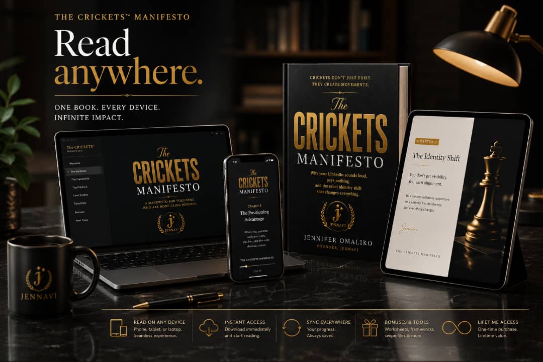 CRICKETS LinkedIn playbook by Jennifer Omaliko displayed on laptop and phone, read anywhere