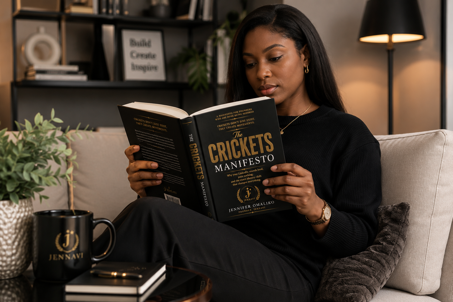 Founder reading CRICKETS by Jennifer Omaliko, the LinkedIn positioning playbook
