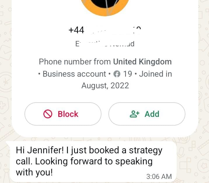 WhatsApp message from a UK prospect confirming a booked LinkedIn strategy call