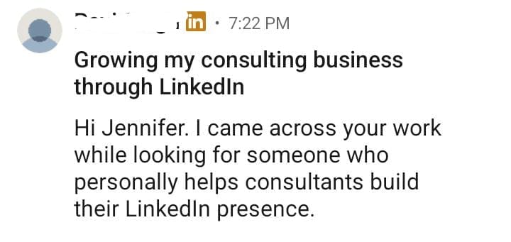 LinkedIn message from a consultant looking for help building a LinkedIn presence