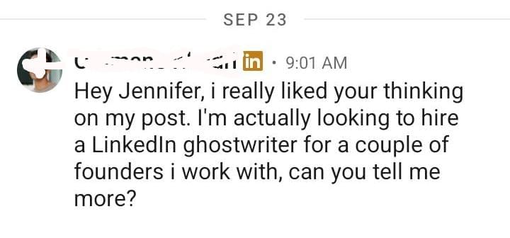 LinkedIn message from a founder asking to hire a ghostwriter for the founders he works with