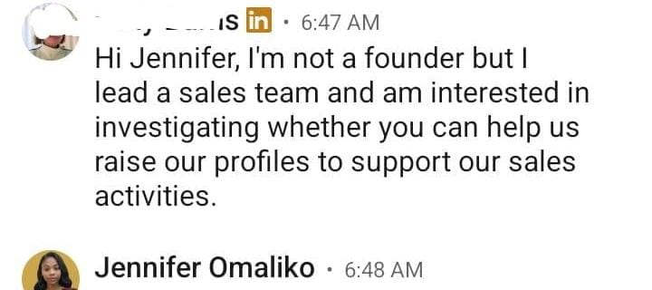 LinkedIn message from a sales team lead asking about raising their team profiles