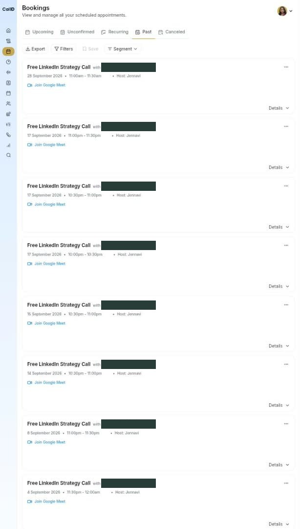 Booking calendar showing free strategy calls booked in September 2026, names hidden