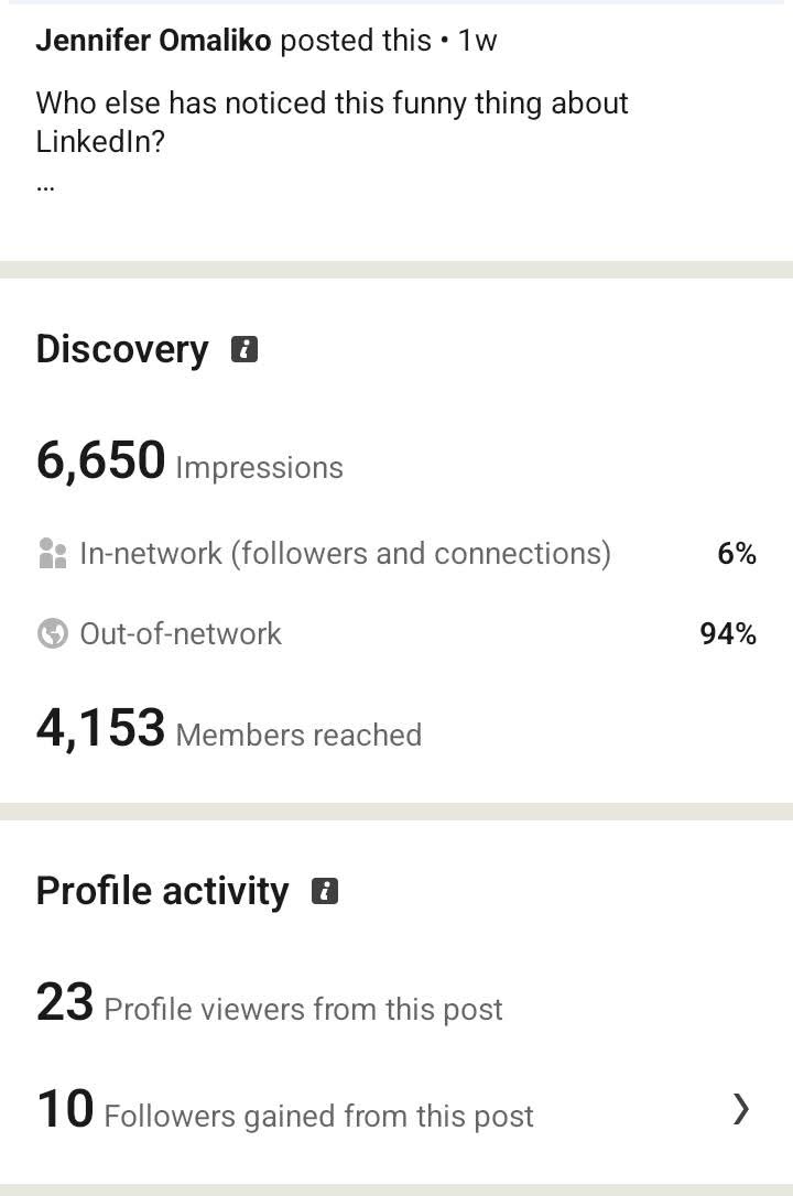 LinkedIn analytics for a second recent post showing impressions and followers gained