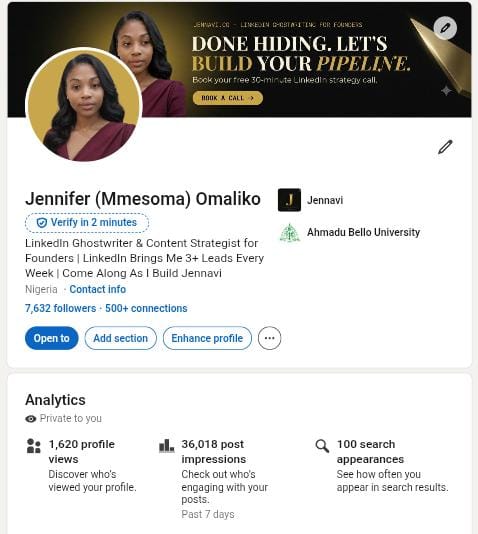 Jennifer's LinkedIn profile with its private analytics panel