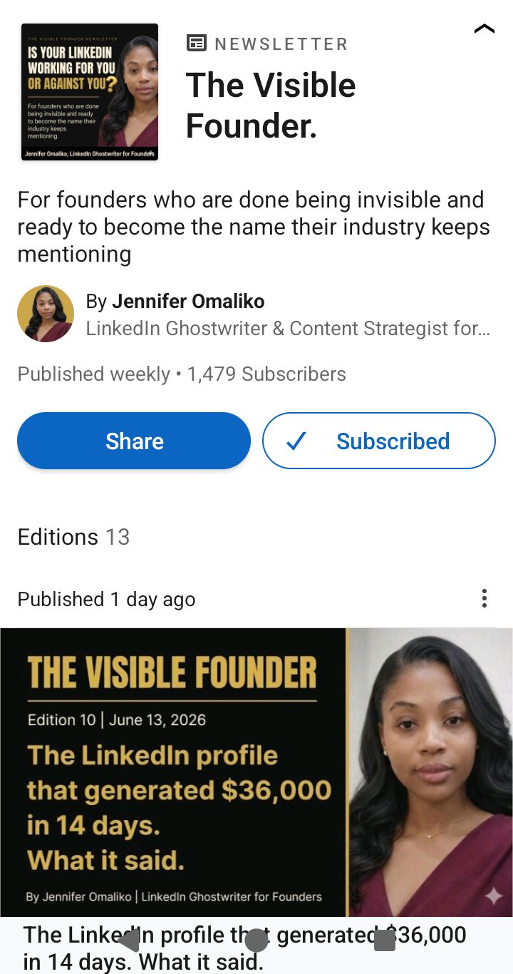 The Visible Founder LinkedIn newsletter by Jennifer Omaliko showing 1400 plus subscribers