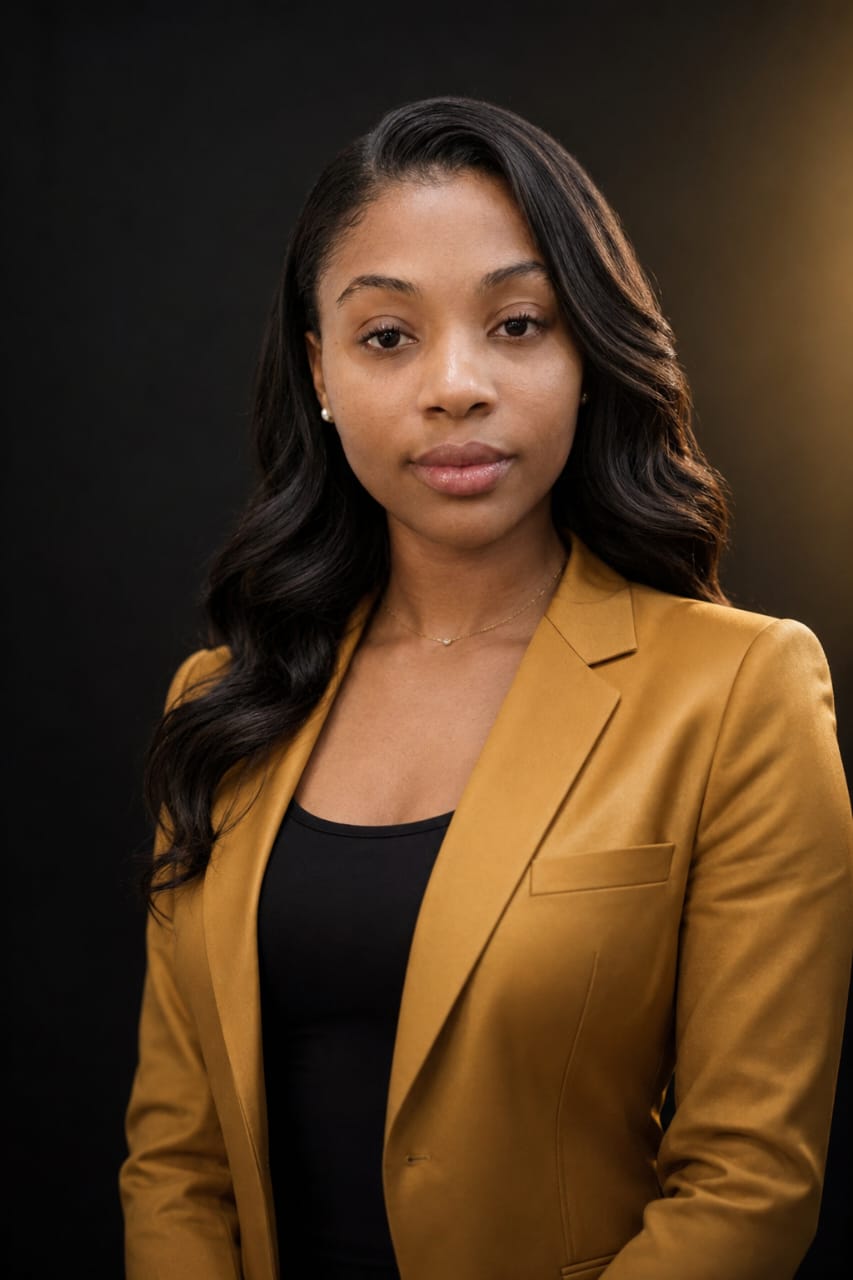 Jennifer Mmesoma Omaliko Jennavi founder gold blazer professional portrait Nigeria