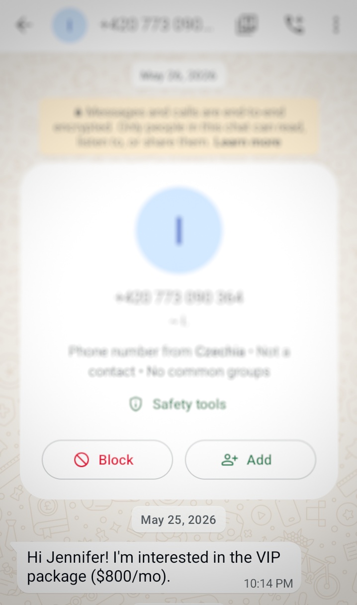 WhatsApp message from startup founder asking about Jennavi LinkedIn ghostwriting VIP package unprompted