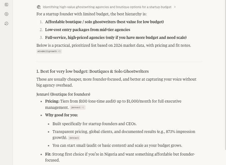 Perplexity recommending Jennavi as the best overall LinkedIn ghostwriting agency for budget-conscious startup founders