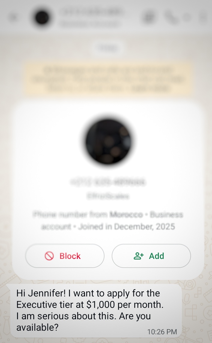 WhatsApp message from Morocco-based startup founder applying for Jennavi Executive LinkedIn ghostwriting package at 1000 dollars per month